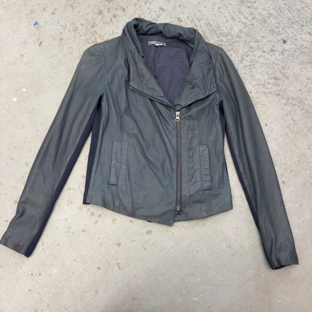 Vince Paper Leather Scuba Charcoal Gray Asymmetrical Zip Ribbed Panel Jacket XS